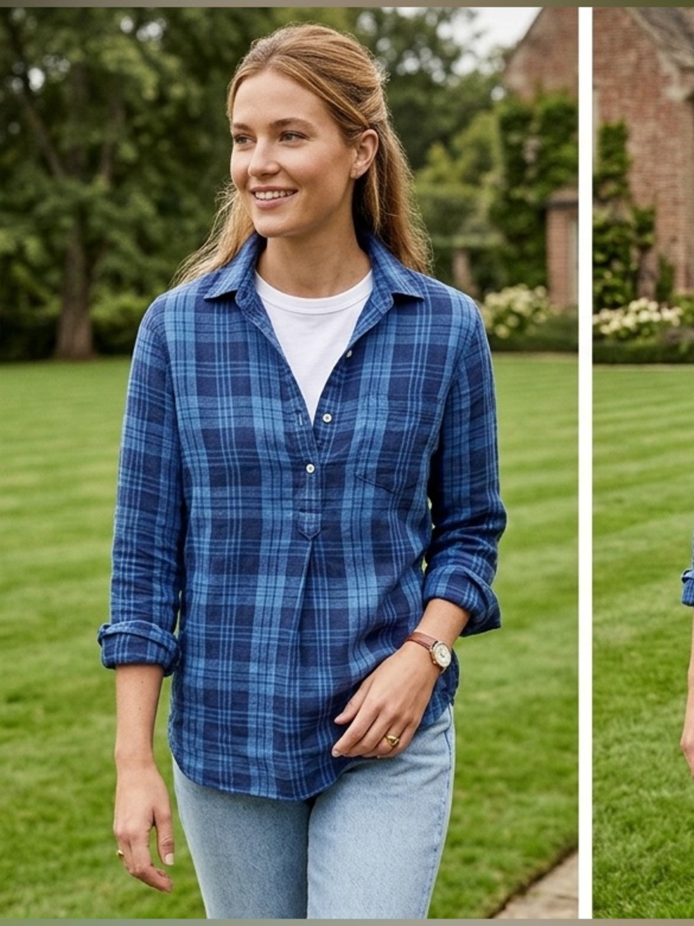 Lauren Ralph Lauren Blue Plaid 100% Linen Button Up Placket Shirt Size M